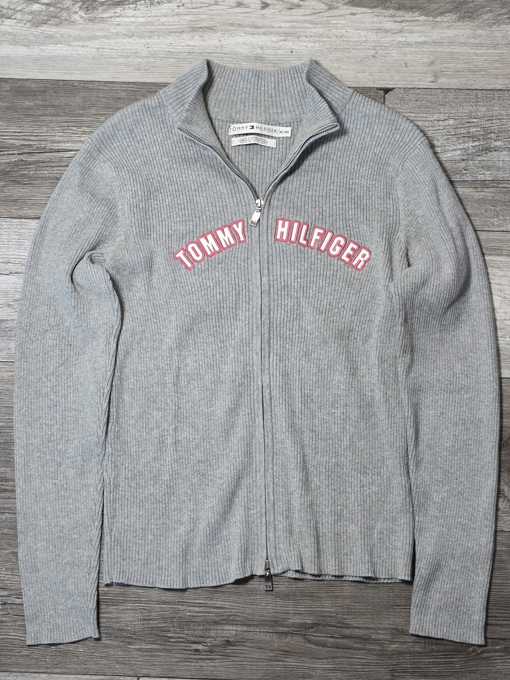 Tommy Hilfigure Ladies Y2K Ribbed Zip-up Spellout Embroidered Sweater Sz XS READ
